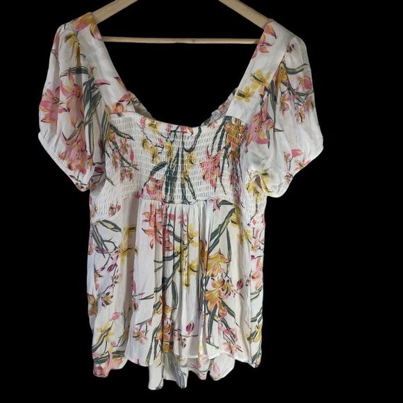 Torrid White Crinkle Gauze Smock Back Babydoll Floral Tunic Sz 1X - Picture 3 of 10